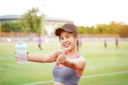 Young female relaxing after fitness training at the football stadium. She have a beautiful smile and acting make a hand mini heart for youの写真素材