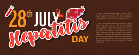 Wording of World Hepatitis Day with blood tube and human liver, example texts isolate on brown background. Poster's campaign in banner vector design.のイラスト素材