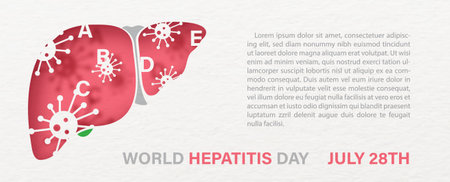 Hepatitis virus on the human liver and wording of World Hepatitis Day, example texts on white paper pattern background. Poster's campaign in paper cut style and banner vector design.のイラスト素材