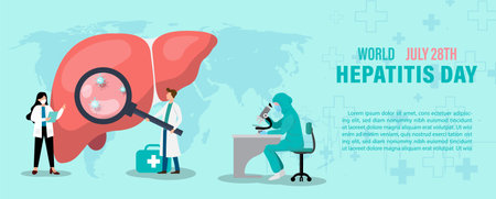 Concept of hepatitis A, B, C, D, and world hepatitis day campaign's poster with doctors treat the...