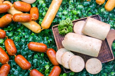Closeup and crop variety German sausage with wooden tray on decoration plastic green grass background.の写真素材
