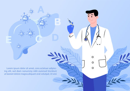 Concept of hepatitis A, B, C, D, and world hepatitis day campaign's poster with doctors treat the liver in flat style and banner vector design.のイラスト素材