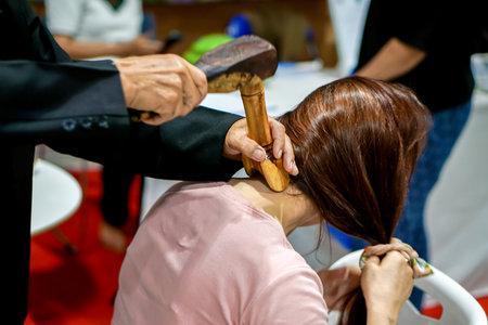 Closeup and crop Thai northern ancient medical use a wooden wedge and wooden hammer to poke around the body to heal body aches.の写真素材