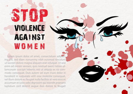Face of woman with slogan of International day for Elimination Violence Against Women letters, example texts on red color splashing and white paper pattern background.のイラスト素材