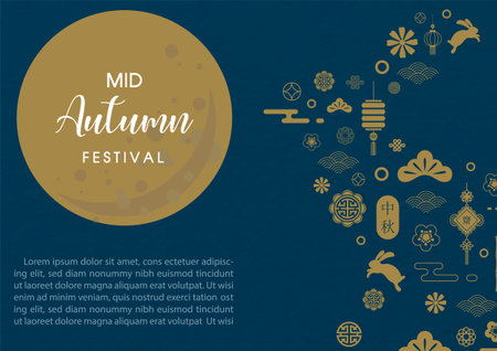 Brown objects and decoration of Chinese Mid Autumn Festival in a rabbit shape with full moon, wording of event on dark blue background. Chinese texts is meaning Happy mid autumn festival in English.のイラスト素材