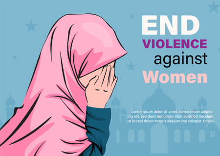 Women wear Khimar (Muslim clothes) crying with wording about International day for the elimination of Violence Against Women's campaign and example texts on silhouette mosque and blue background.のイラスト素材