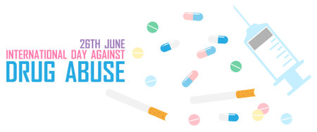Syringe and colorful drug abuse with the day and name of "International day against drug abuse" campaign isolate on white background. All in web banner vector design.のイラスト素材