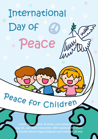 Cheerful and happy children with Peace dove catching a white peace ribbon flying in cartoon character style on global by Poster's campaign of International Peace Dayのイラスト素材