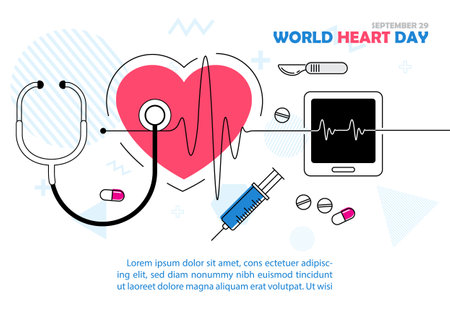Concept of world heart day poster campaign in a icon line art and health care awareness in flat style and vector designのイラスト素材