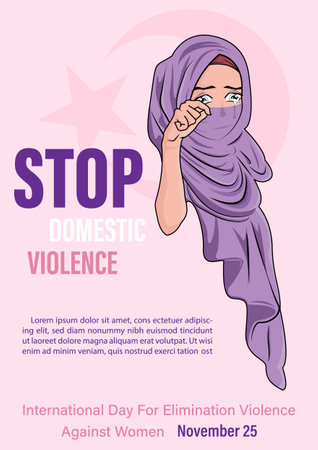 Women wear Khimar (Muslim clothes) crying with wording about International day for the elimination of Violence Against Women's campaign and example texts.のイラスト素材