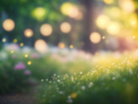 Blurred backgroun of colorful flowers park under sun light and blue sky, Beautiful bohehの素材