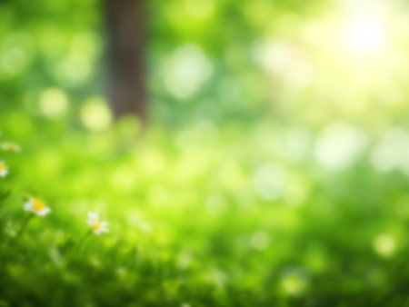 Blurred backgroun of colorful flowers park under sun light and blue sky, Beautiful bohehの素材