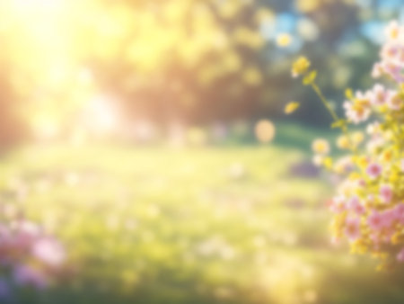 Blurred backgroun of colorful flowers park under sun light and blue sky, Beautiful bohehの素材