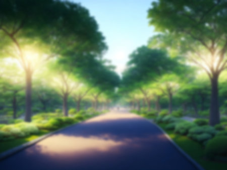 Blurred background of green nature public park, Blue sky and white cloud, Green grass field  at nature park in  night . Building view in backgroundの素材