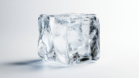 A single clear ice cube isolated on a white background, ideal for use in beverage presentations, food styling, or demonstrating coolness and freshness.の素材