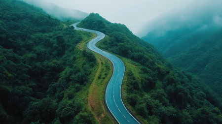 A breathtaking view of a winding road through lush green mountains, enveloped in mist, perfect for travel and nature photography enthusiasts seeking adventure.の素材