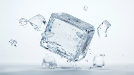 A vibrant image of a transparent ice cube splashing into clear water, demonstrating freshness and coolness, perfect for beverage or summer-related themes.の素材
