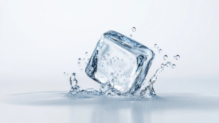 A stunning ice cube splashing into water creates vibrant droplets against a light background, highlighting freshness and clarity, perfect for beverage themes.の素材