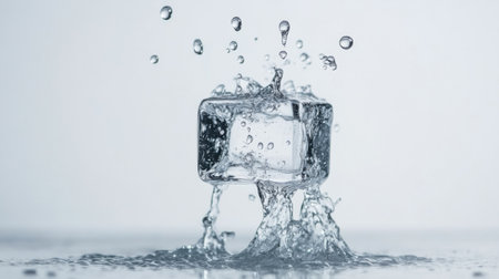 A captivating image of an ice cube splashing in clear water, creating beautiful ripples and droplets that evoke freshness and purity. Perfect for beverage-related themes.の素材