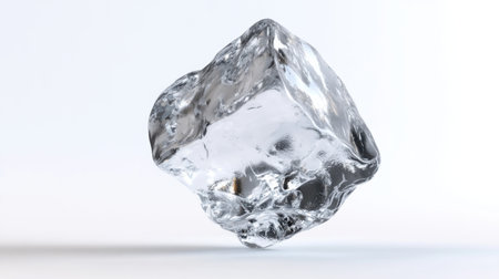 A clear ice cube suspended in mid-air against a white background, showcasing its transparent texture and form. Ideal for themes of freshness and purity.の素材
