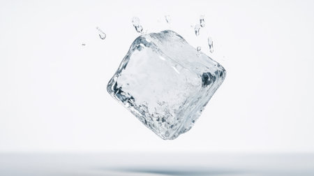 A stunning ice cube splashing water droplets in mid-air against a clean backdrop, emphasizing freshness and purity for beverage and cooling themes.の素材