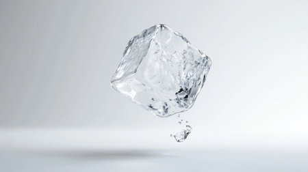 A floating transparent ice cube surrounded by a refreshing water splash, ideal for illustrating concepts of chill and freshness in beverages.の素材