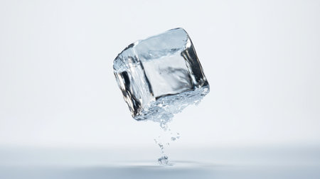 A clear ice cube hovers in mid-air, with glistening water droplets cascading below. The image evokes a sense of freshness and purity, perfect for beverage-related projects.の素材