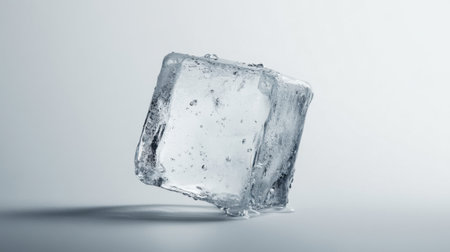 A single ice cube showcasing a crystal clear surface with melting edges on a light background. Perfect for designs related to refreshment and coolness.の素材