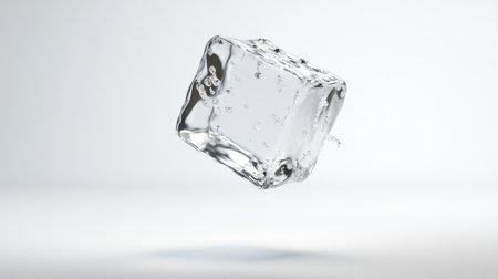 A stunning image of a clear ice cube suspended in mid-air, showcasing intricate water droplets, ideal for beverage, culinary and lifestyle themes.の素材