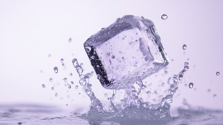 An ice cube falls into water, creating an energetic splash against a soft purple background. This image captures the refreshing and cool essence of ice in liquid.の素材
