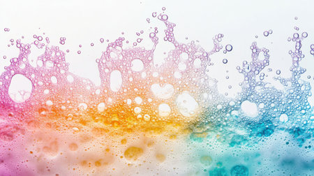 A vibrant and colorful splash of bubbles creates an energetic and fun atmosphere. This detailed image features various sizes of bubbles in a beautiful gradient on a clean background.の素材