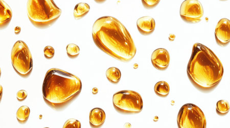A close-up view of glistening amber drops scattered on a white surface, showcasing rich textures and vibrant colors perfect for artistic projects.の素材