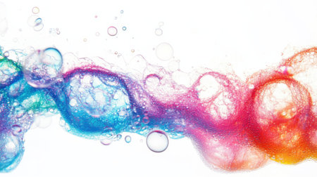 This artistic image features vibrant bubbles and colorful soapy waves flowing against a clean white background, creating an abstract and playful atmosphere.の素材