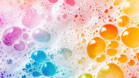 A vibrant display of colorful soap bubbles against a bright background, showcasing a playful mix of soft pastel hues and sparkling textures, creating an uplifting atmosphere.の素材