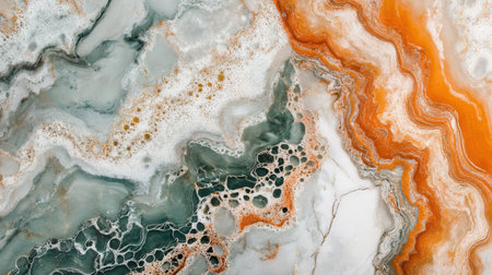 Discover an elegant abstract marble texture featuring rich orange and green tones. This visually striking design showcases natural beauty and intricate patterns, perfect for art and decor.の素材