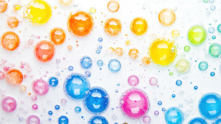 Colorful bubbles of various sizes float gracefully in clear water, creating a joyful and vibrant atmosphere. Perfect for artistic and decorative purposes.の素材