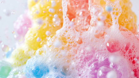 Vibrant bubbles and foam create a cheerful rainbow effect on a light background. The colorful composition evokes a sense of joy, freshness, and playfulness.の素材