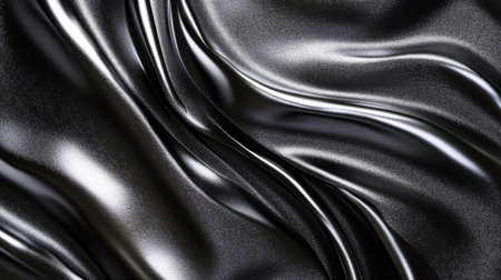 This close-up image captures a smooth black fabric with wavy patterns, showcasing elegance and luxury. Ideal for design projects focusing on textile aesthetics.の素材