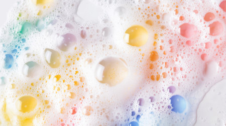 Vibrant and colorful foam with bubbles creates an abstract visual experience. Ideal for projects focused on cleanliness, freshness, and artistic design.の素材