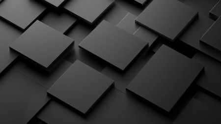 This dark abstract background features a collection of layered black squares, creating a modern and minimalist aesthetic perfect for design projects.の素材