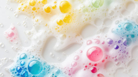This vibrant image showcases colorful soap bubbles on a white surface, creating a cheerful and playful atmosphere perfect for cleaning or cosmetic themes.の素材