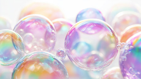 A captivating image of colorful soap bubbles floating in soft light, showcasing a vibrant interplay of colors and reflections, evoking feelings of joy and whimsy.の素材