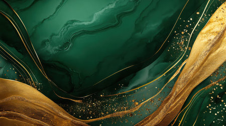 Discover an abstract blend of green and gold textures, featuring fluid patterns and sparkles. Perfect for modern design projects that require elegance and sophistication.の素材