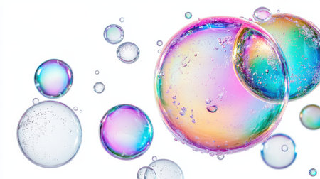 Vibrant and colorful soap bubbles float gracefully against a white background, creating a playful and joyful atmosphere, perfect for artistic and creative projects.の素材