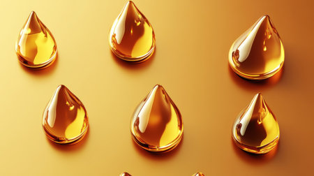 A stunning arrangement of glossy amber liquid droplets set against a warm gold background creates an elegant and visually appealing abstract design. Perfect for culinary or artistic themes.の素材
