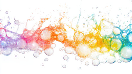 Vivid soap bubbles create a cheerful composition with colorful splashes against a white background. Perfect for projects needing a touch of fun and vibrancy.の素材