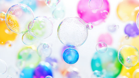 Colorful bubbles float against a bright abstract background, creating a cheerful and festive atmosphere. Perfect for design, decoration, and celebration themes.の素材