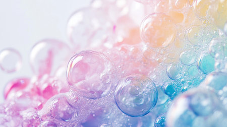 Colorful soap bubbles create an enchanting backdrop with hues blending softly. Their reflective surfaces capture light, adding a dreamy quality and a sense of freshness.の素材