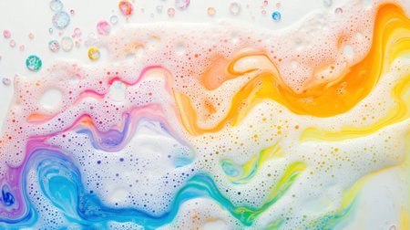 This vibrant image captures a colorful bubble pattern on a white background, showcasing swirling colors and delicate foam, perfect for artistic projects.の素材
