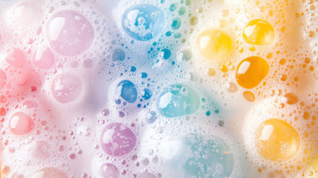 Explore a vibrant array of colorful bubbles nestled in soft foam, creating a whimsical, fresh atmosphere with a delightful pastel background.の素材